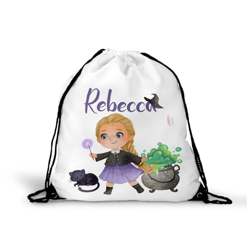 Zainetto Piccole Streghe Bambine Personalizzato con Nome – Sacca Scuola, Asilo, Tempo Libero e Sport – Disegno Gatto e Streghette Maghe