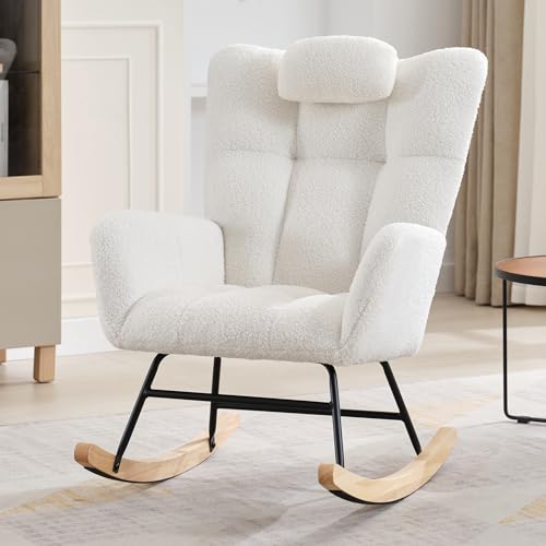 Garvee Teddy Fleece Nursery Rocking Chair,Upholstered Baby Glider Rocker with Soft Seat and High Backrest,Modern 300 Lbs Weight Capacity Accent Reclin