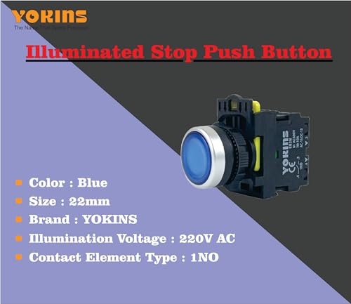 Image of Yokins Illuminated Push Button with Spring Return, EB2M-A-10D-B, 22mm with 1NO (Copper & Silver Contacts) (Blue)