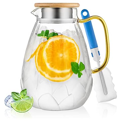 Glass Water Pitcher, 1.8 Liter Iced Tea Pitcher with Strainer Lid, Easy Clean Borosilicate Drinking Jug for Hot Cold Juice Wine Coffee Milk and Beverage Carafe (Lotus) Cover