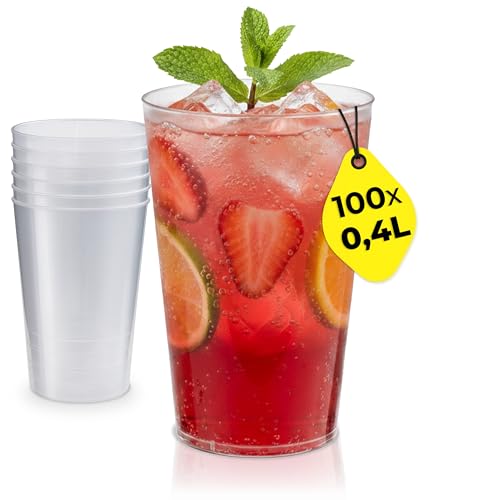 Silverkitchen 100x Mehrweg Plastikbecher 0,4 L – Stapelbare Partybecher - Spülmaschinenfeste Hartplastik Becher für Events, Partys & Gastronomie