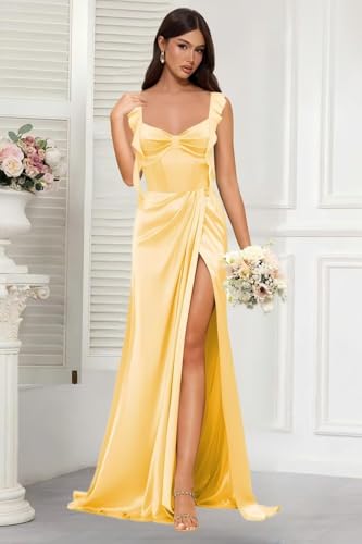 Dessiny Women's Spaghetti Strap Bridesmaid Dresses with Slit 2025 A-Line Satin Formal Evening Party Gowns DE3214