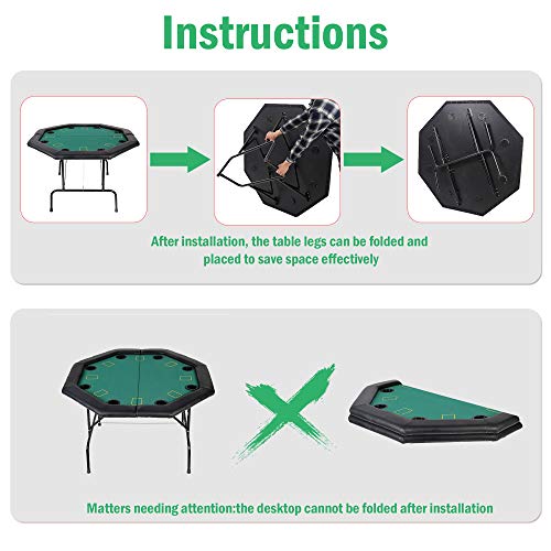 KARMAS PRODUCT Poker Table Folding Texas Holdem Casino Leisure Game Octagonal Table with Cup Holder 8 Player -Green