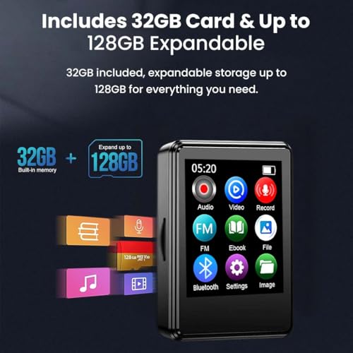 Image of M01 Portable Mp3 Music Player with Bluetooth 5.0, Hi-Fi Audio, 1.77-inch Colour Screen, 32gb Storage (up to 128gb), Type-C Port, SD Card Slot, Video Playback, E-Book, Alarm (Black)