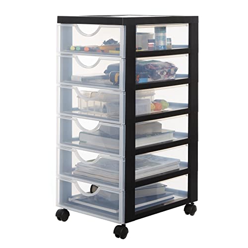 Iris Ohyama, Tour de rangement plastique avec Poignées ergonomiques, 7L, 6 Tiroirs, Avec roues, Sans BPA, Chambre,Bureau, Salon, DDDC-360, Noir