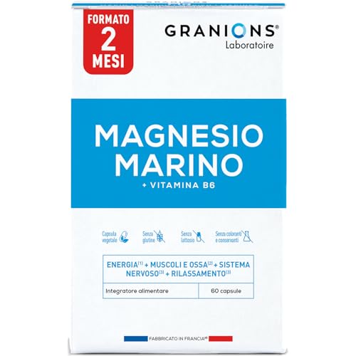 Granions Magnesio Marino 300 mg, Stanchezza, Energia, Muscoli e Ossa, Equilibrio Nervoso, Stress, Combinato con Vitamina B6, 60 Capsule Vegetali, Integratore Alimentare