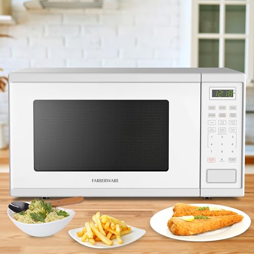 Farberware 1.1 Cu. Ft. Countertop Microwave Oven – 1000 Watts Power, Auto Cook Settings, Defrost, Easy Clean and Child Safety Lock - White