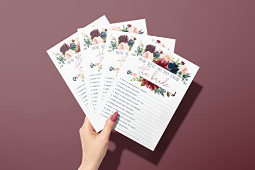 Your Main Event Prints \"How Well Do You Know The Bride Navy Burgundy 50 Pack Floral Bridal Wedding Shower or Bachelorette Party Game - Guessing Question Pack for Engagement Parties - Thumbnail 3