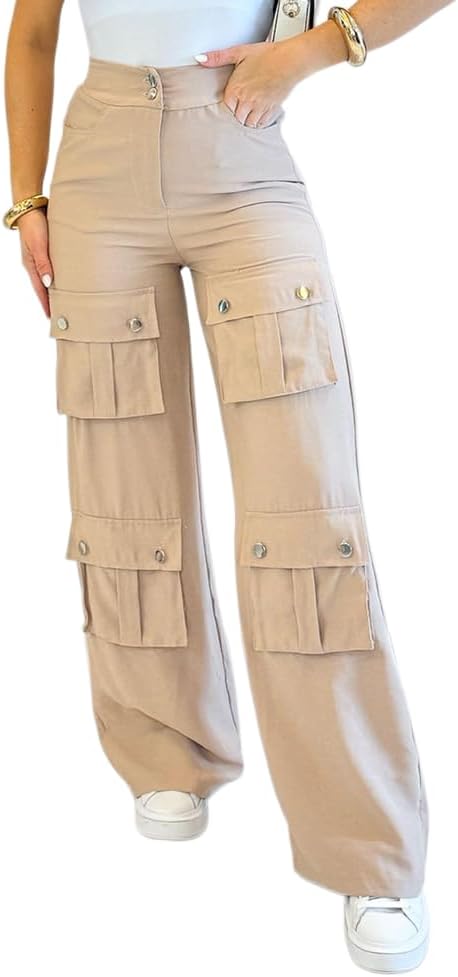 CHICME Women's High Waist Cargo Pants Zipper Fly Flap Pockets Design Elastic Back Waist Wide Leg Baggy Pants