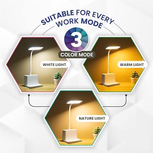 Image of CYNVEXA Rechargeable Stable Desk Lamp with USB Type C Cable | 3 Color Modes | 6 Month Warranty | Mobile Holder | Eye Protection | Touch Control | Non-Flickering-LED,Plastic