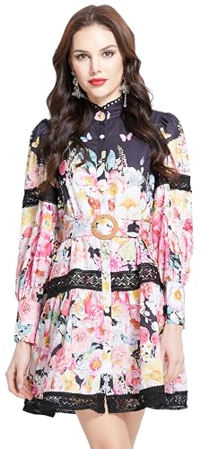 Image of LAI MENG FIVE CATS Women's Hollow Out Floral Print Lantern Sleeve Button Casual Mini Dress