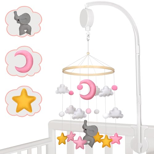 Zusentee Movil Cuna Bebe, Carrusel Cuna Bebe con Música Suave, Suspensión Movil Bebe con Brazo Ajustable, con Simpáticos Animales, Regalo para Bebés o Niños, Luna Rosa