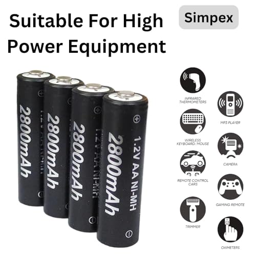 Image of Simpexs 2800mAh High Power Ni-MH AA Ready to Use Rechargeable Battery with Quick Charging and Low Self Discharge, Can Charge up to 1000 Times (Black, 2800mAh-Pack of 4)