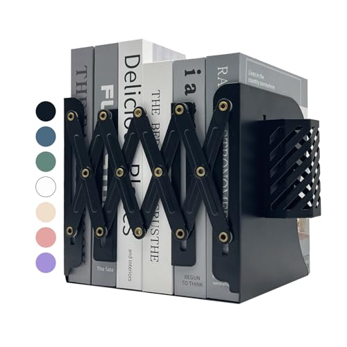 Kingsmile Book Ends, Adjustable Heavy Duty Metal Book Stoppers with Pen Holder for Desk Office Library Kids Room(Black)