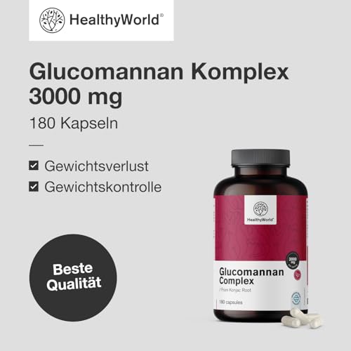 HealthyWorld® Complesso di glucomannano 3000 mg – Dalla Radice di Konjac - 180 capsule - Supporto per la perdita di peso - Con aggiunta di Colina, Cromo, Vitamine D3 e B3 - Senza OGM