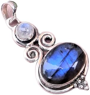 Natural Labradorite, Rainbow Moonstone Pendant, 92.5% Sterling Silver Plated, Two Stone Pendant, Boho Pendant, Two Gemstones, Labradorite Pendant, Blue Flash Pendant, Boho Pendant, Handmade Pendant