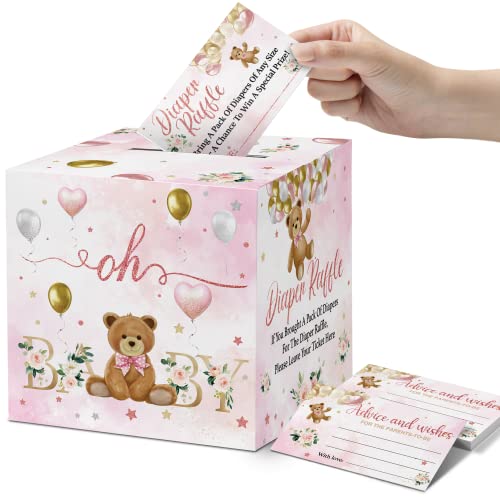 skuhyyg 50 Diaper Raffle Cards with Baby Shower Game Box - Pink Bear, Rose Balloon Bear Diaper Raffle Sign, Suggestion Ticket, Gender Reveal Birthday Party Game Set