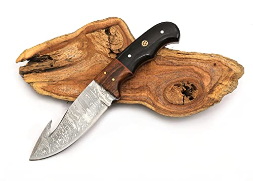 Inza Knives Custom Handmade Gut Hook Hunting Knife With Leather Sheath, 8'' Inches Damascus Steel Full Tang Fixed Blade Survival Knife For Men With Rose Wood Handle #TOP5