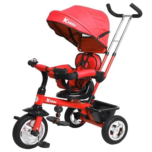 Kiddo Smart 4 in 1 Kinder Dreirad Dreirad mit drehbarem Sitz, Hinterradbremse und Sonnendach (rot)