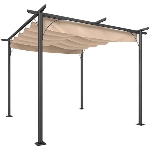 Outsunny Pergola rétractable 3L x 3l x 2,30H m Structure métal époxy anticorrosion Noire + Toile Polyester Haute densité 180 g/m² Incluse Beige