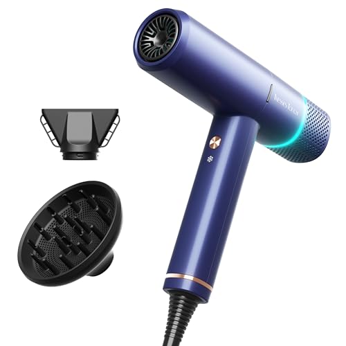 Hair Dryer Ionic Hairdryer, High Speed Blow Dryer with Diffuser for Women & Men, Fast Dry with 3 Temps/2 Speeds, Cold Shot, Lightweight for Home Travel, Even Heat, Anti Frizz, Low Noise, Blue