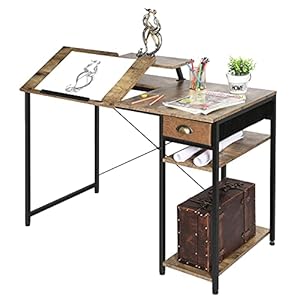 X-cosrack Drafting Table with Storage Shelves & Drawer, 43″ Adjustable Art Desk with Monitor Stand for Home Office Computer, Tiltable Draft Drawing Table for Artist, Study, Writing Workstation