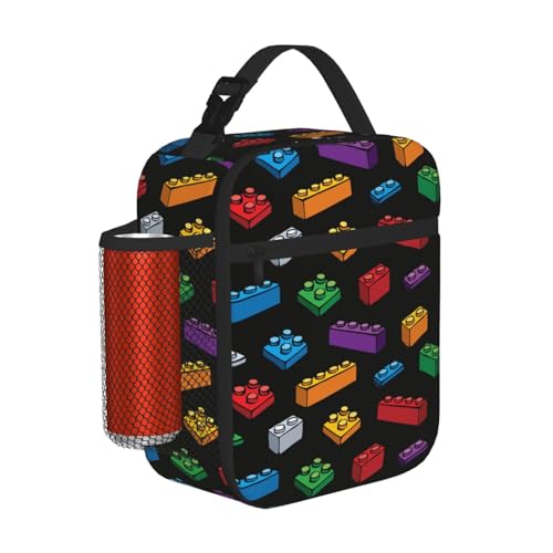 Bshuey Building Block Insulated Lunch Bag Leakproof Portable Box For Boys Girls Large Capacity Cooler Bag With Handle And Bottle Pocket For Kids Teens Adults Office Camping School Hiking Outdoor