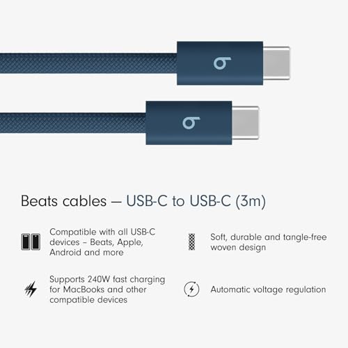 Image of Beats 240W USB-C to USB-C Braided Cable, Fast-charging, Durable /Tangle-free, Compatible with Apple and Android Devices (3m) - Nitro Navy