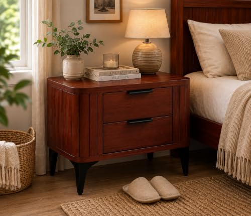 Image of Solid Sheesham Wood Bedside Table for Bedroom & Livingroom | Nightstand End Table with 2 Drawers Storage for Home | Modern & Luxury Design| (Mahoganyn Finish 1)