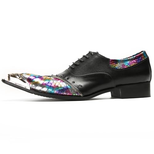 Mens Oxford Shoes Formal Dress Shoes Lace-Up Prom Rainbow Burnished Leather Lined Rivet Metal Cap Tip Sleek Luxury Party Shoes2