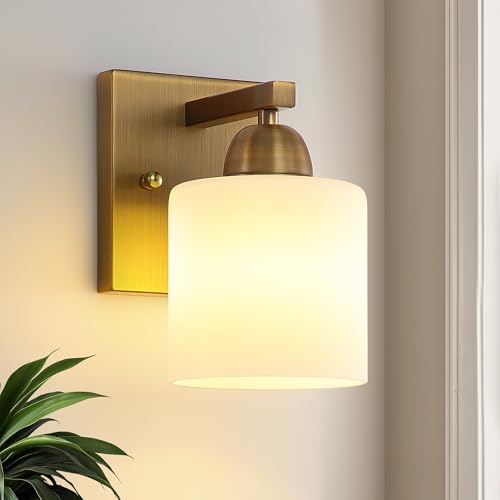 Image of Mecgirn Brass Milk Glass Wall Sconces, 1 Pack Hardwired Indoor Wall Light Fixtures for Living Room, Hallway, Bedroom, Ceramic E26 Sockets (Bulbs Not Included)