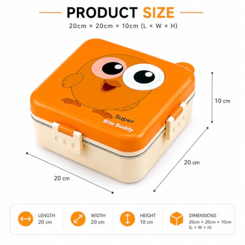 Image of Homy Super Bite Buddy Cartoon Kids Lunch Box with Compartments - Air Vent, Spoon, Sauce Container & Stainless Steel Tray - Purple Chick Design (1100ml+50ml)