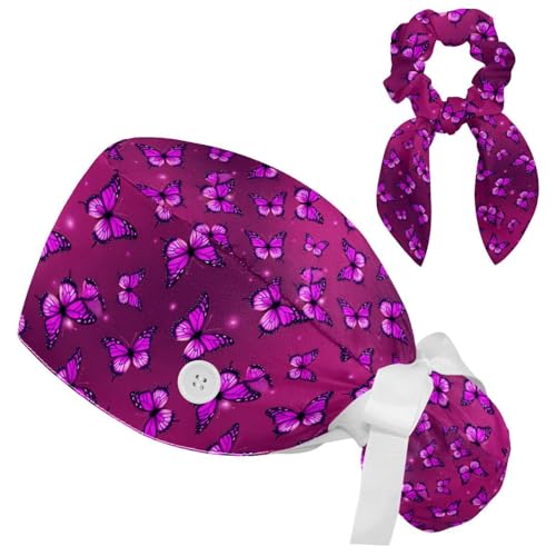 Image of Colored Butterflies Scrub Caps Women Ponytail, Adjustable Bouffant Surgical Caps with Button, Nurse Hats Long Hair