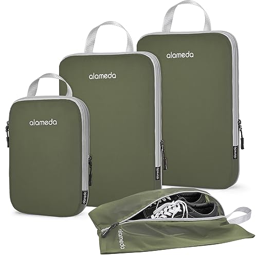 Alameda 4 Set Compression Packing Cubes for Suitcases - Lightweight Compression Packing Cubes Travel for Backpack Carry-on Organizer Bags with Shoe Bag Army Green(L+L+S+Shoes bag), Army