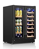 24 Inch Wine and Beverage Refrigerator Under Counter, Dual Zone Black Beverage Fridge with Glass Door&Lock,20 Bottles & 88 Cans Wine and Beverage Cooler, Freestanding Mini Fridge for Bedroom Home