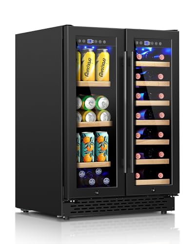 24 Inch Wine and Beverage Refrigerator Under Counter, Dual Zone Black Beverage Fridge with Glass Door&Lock,20 Bottles & 88 Cans Wine and Beverage Cooler, Freestanding Mini Fridge for Bedroom Home