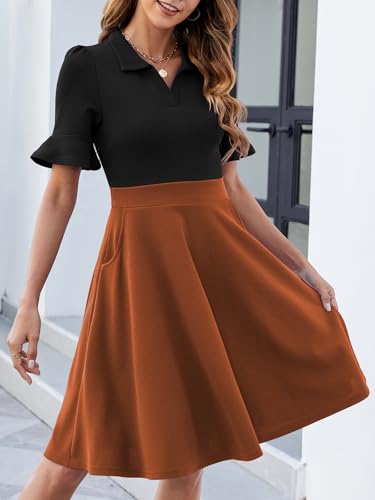 Image of Mokayee Womens Summer Ruffle Sleeve Collared V Neck Fit and Flare Elegant A line Swing Dresses with Pockets