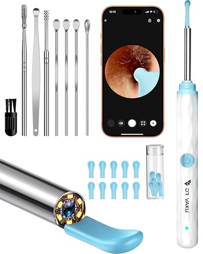 Image of Dr Vaku Earocam Earwax Removal Tool with Extra Cleaning Kit (Set of 8) 1080P HD Visual Otoscope Camera & 6 LED Lights Endoscope Tool Ear Cleaner for iOS & Android + 11 Silicone Tips Free- White