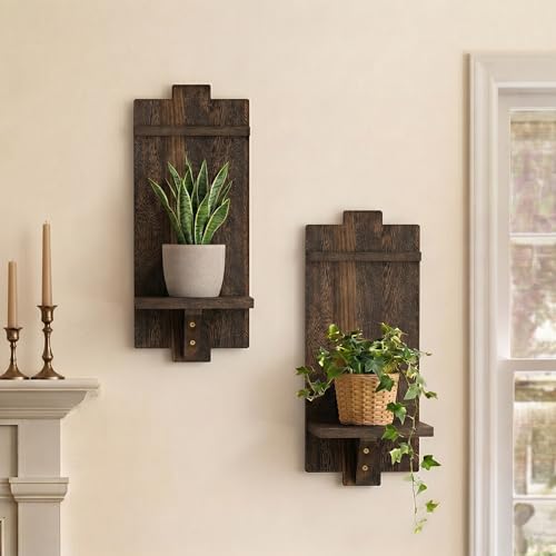 Leaf&lull Wall Plant Holder Wooden Vintage Rustic Hanging Planters for Indoor Plants Window Plant Shelves Wall Decor for Living Room Bathroom Outdoor Brown 2pcs