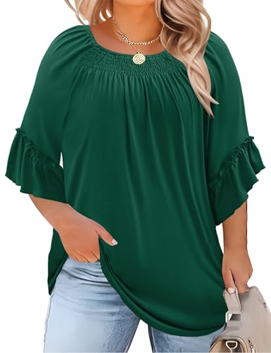 Image of Micoson Womens Plus Size Tops 3 /4 Ruffle Sleeve Crewneck Pleated Shirts