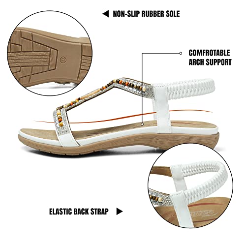 Shibever Womens Flat Sandals Beaded Bohemian Elastic Back Strap Slip On Beach Sandals Casual Summer White 6 #TOP3