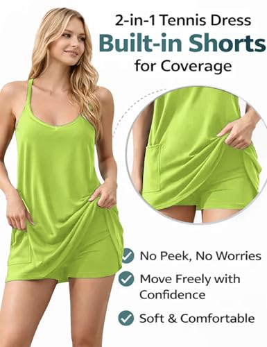 Image of Womens Athletic Sundress with Built-in Shorts Golf Tennis Romper | Sleeveless Mini Spaghetti Strap dress Functional side pockets tummy-friendly fit casual beach vacation
