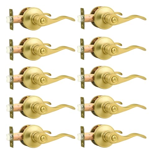Probrico Brushed Gold Interior Door Handle, Gold Privacy Door Levers for Bedroom Bathroom, 10 Pack