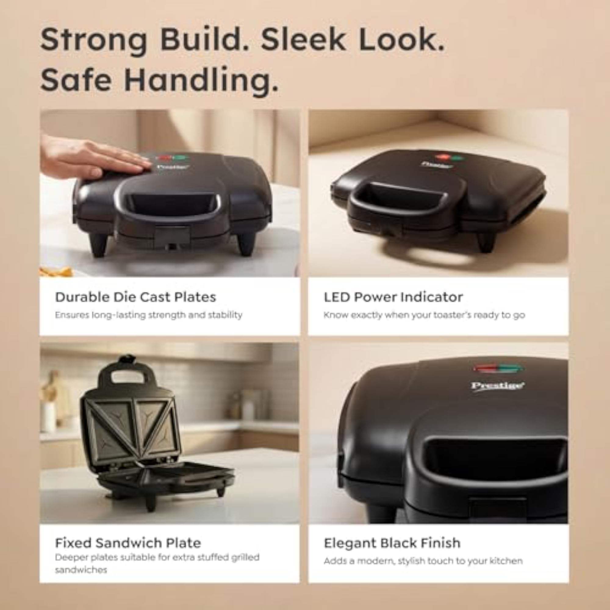 800W Sandwich Maker with Non-Stick Coating and Power Indicators