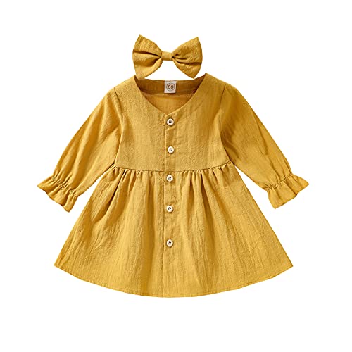 Kupretty Toddler Baby Girl Cotton Linen Fall Dress Plain Long Sleeve Button Kids Princess Party Dresses Sundress + Headband (Yellow, 18-24 Months)