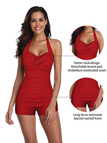 Century Star Women's Retro Halter Top Vintage Inspired Boy-Leg One Piece Ruched Monokinis Swimsuit Bathing Suits A Vacation Red 14-16 - Thumbnail 3