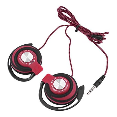 Livecitys Universal 3.5mm Wired Clip On Ear Sports Earphone Heavy Bass Headphone Wired Earbuds with Mic and Volume Control-Red Cover
