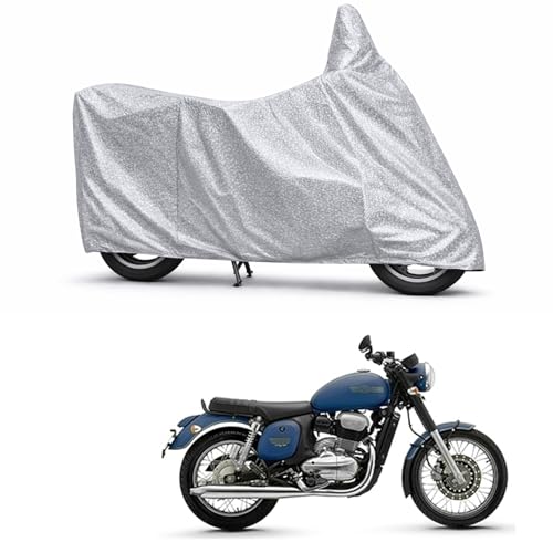 Image of 100% Waterproof Two Wheeler Body Cover Multi Layered Fabric Designed for Jawa 42 | Belt Buckle Lock | Silver Mag