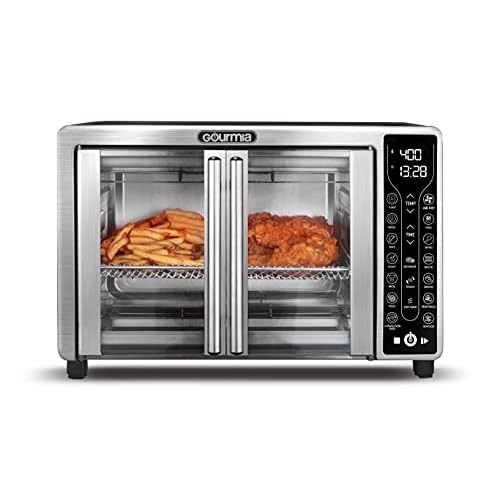 Gourmia French Door Air Fryer – 25 Qt Large Capacity Convection Oven, Fryfroce 360°, Digital Display with 17 Cooking Presets, Bake, Toast, Roast, Dehydrate, Fits 12” Pizza