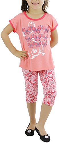 Image of ToBeInStyle Girl's 2 Piece Outfit Top & Leggings Set Casual Graphic Shirt Capri Pants